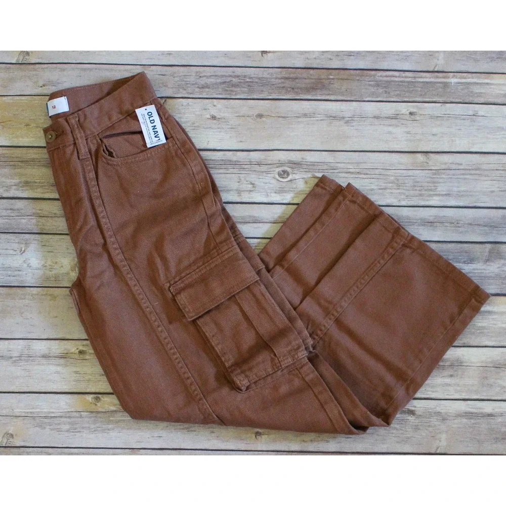 Old Navy Cargo Pants Girls Size 12 Brown Denim Wide Leg High Waisted Utility